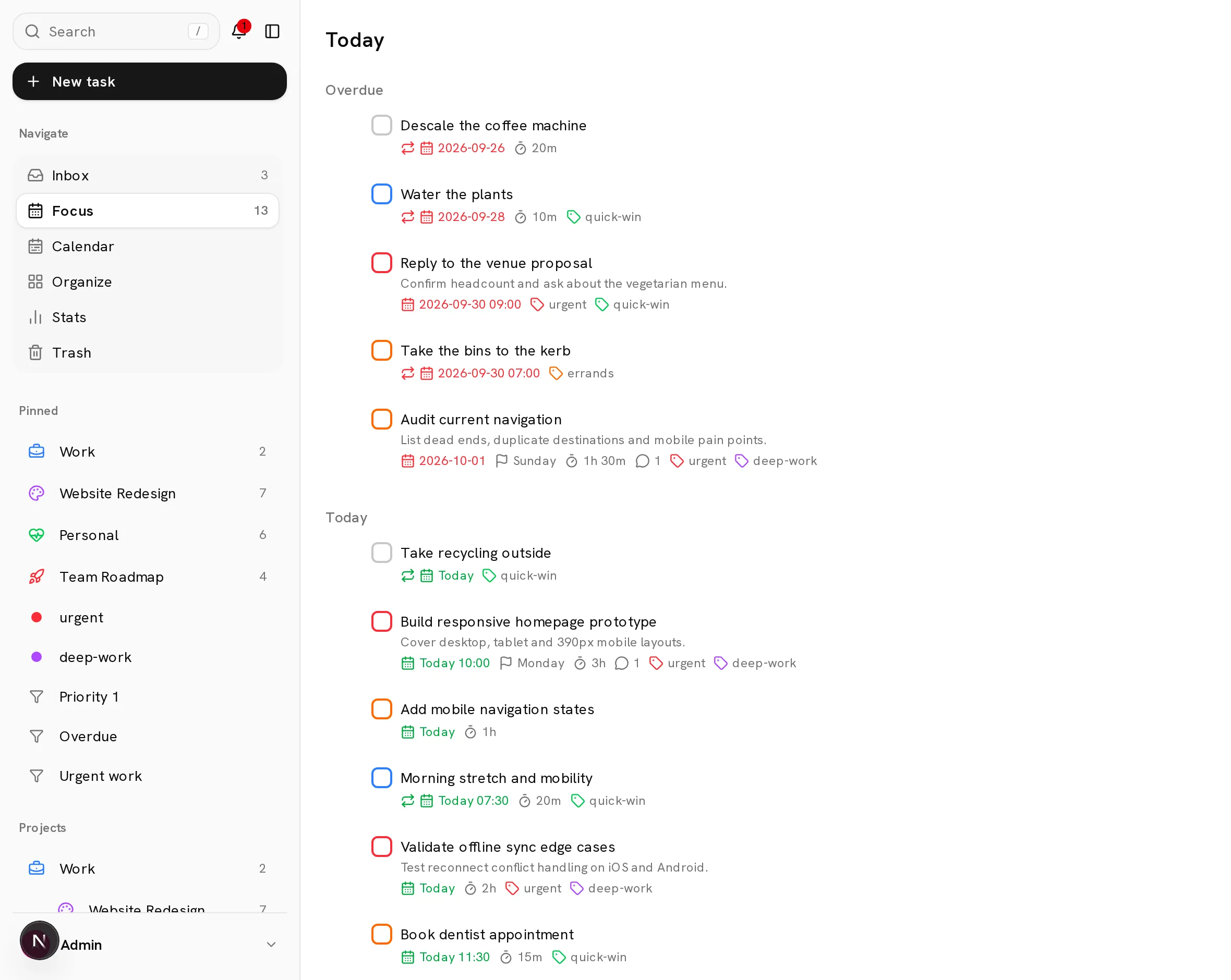 The Conatus Today view with overdue and scheduled tasks, priorities, durations and labels, next to the project sidebar.