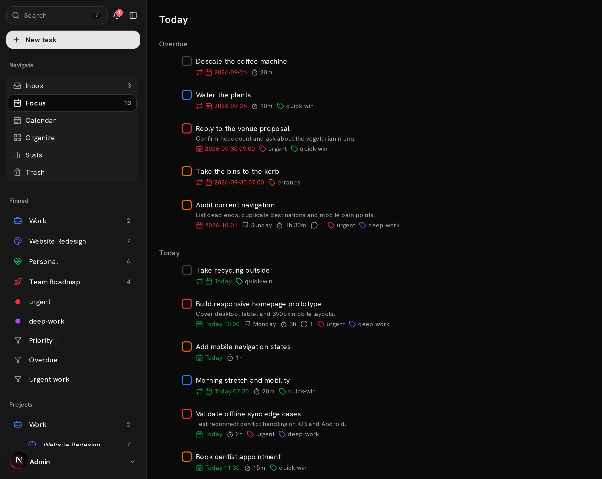 The Conatus Today view with overdue and scheduled tasks, priorities, durations and labels, next to the project sidebar.