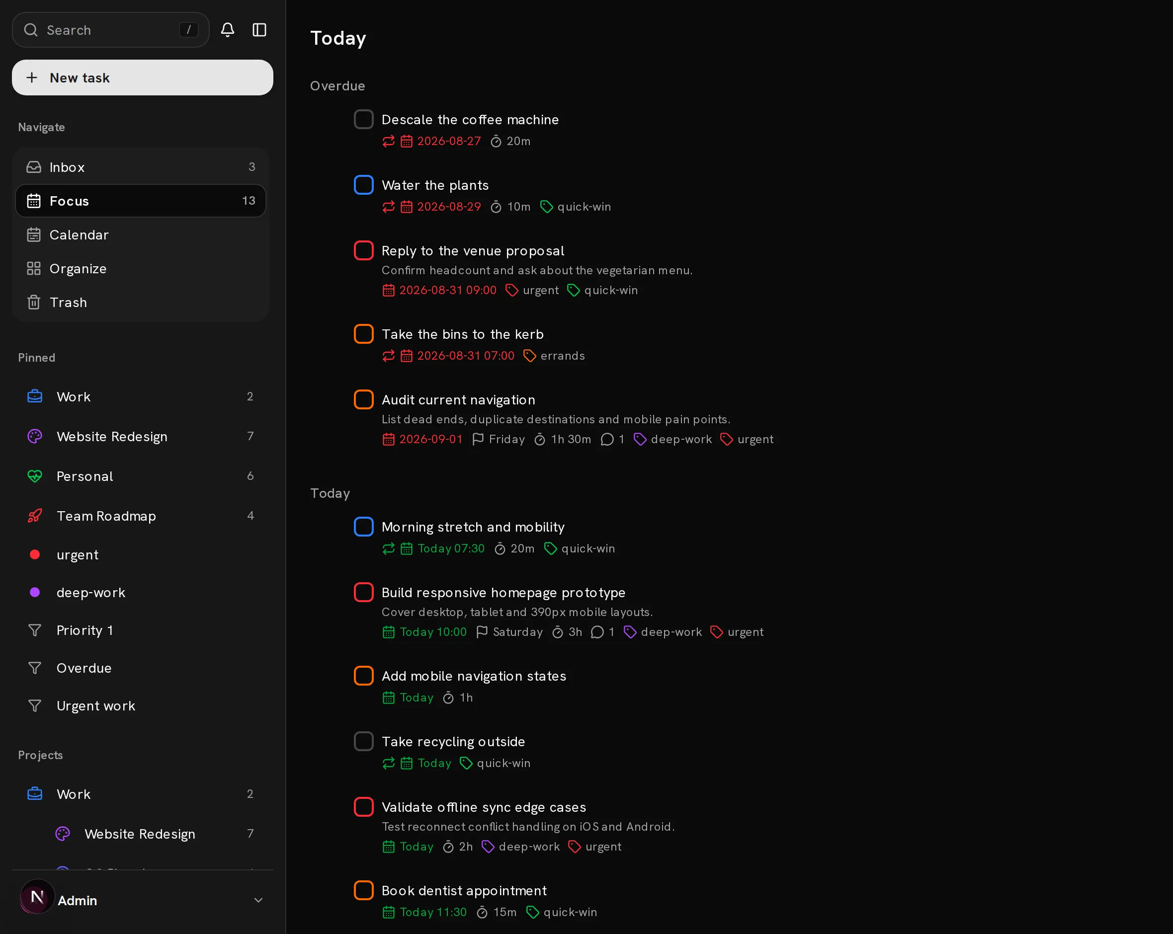 The Conatus window. A sidebar holds Inbox, Focus, Calendar, Organize and Trash, then pinned projects, the labels urgent and deep-work, and the saved filters Priority 1, Overdue and Urgent work. The Today view lists overdue and due tasks from every project, each with a coloured priority ring and inline metadata: repeat icons, dates, durations, deadline flags, comment counts and labels.