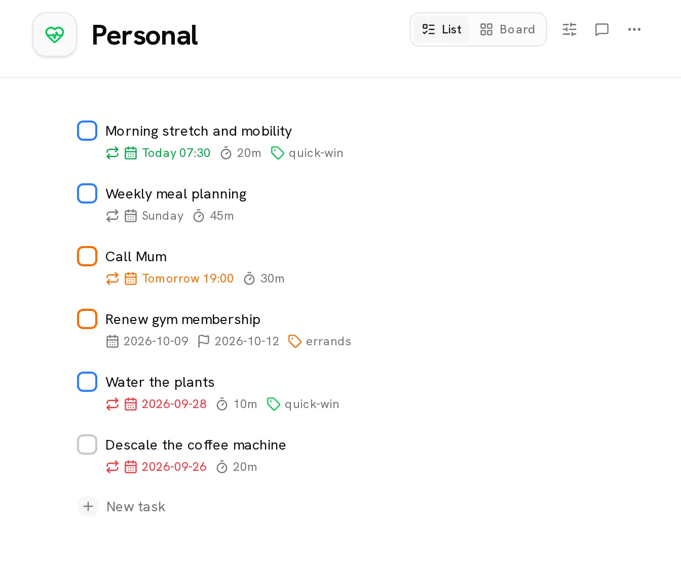 Recurring tasks in Conatus with repeat rules, due dates, times and separate deadline flags.