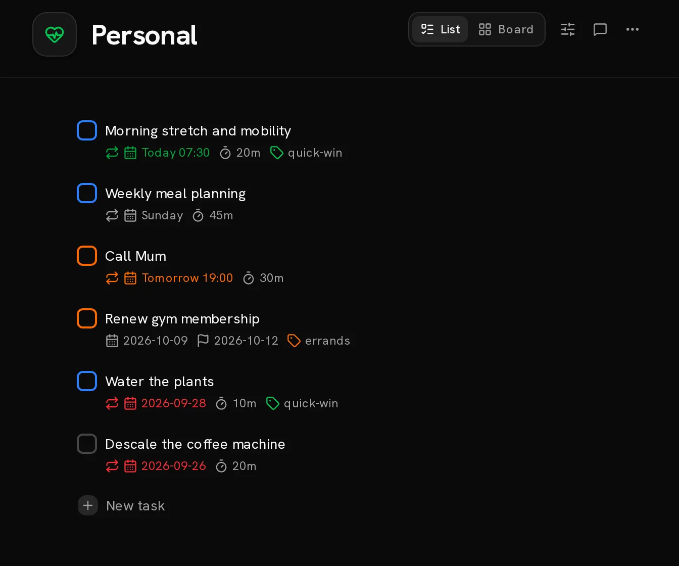 Recurring tasks in Conatus with repeat rules, due dates, times and separate deadline flags.