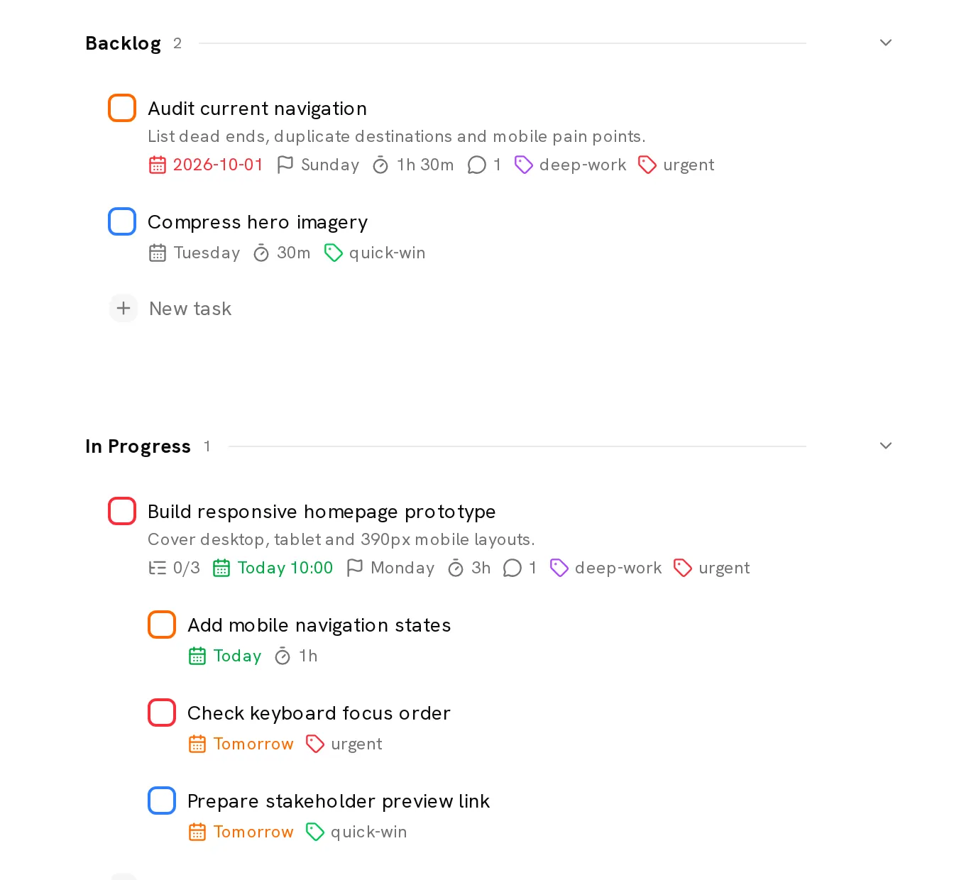 A real Conatus project with Backlog and In Progress sections, priorities and nested subtasks.