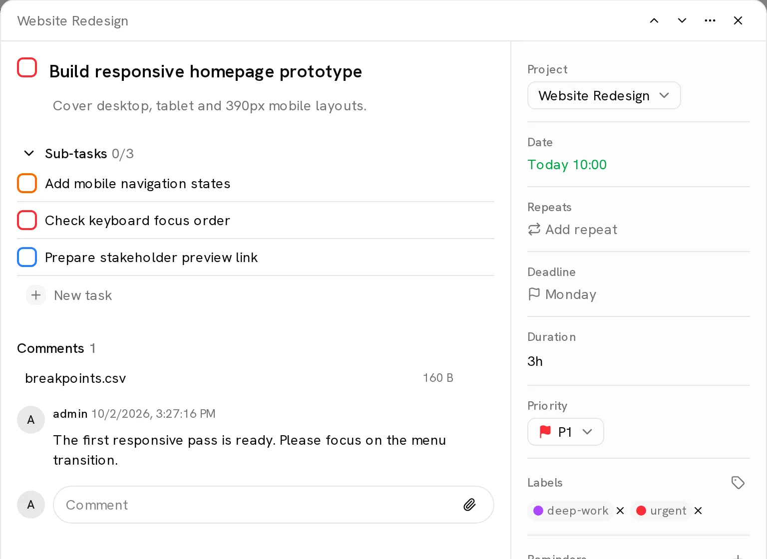 A Conatus task showing comments, a file attachment, subtasks, priority, labels and reminders.