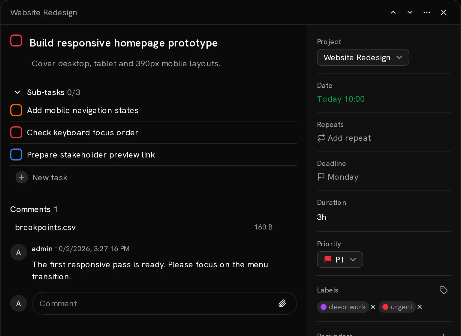 A Conatus task showing comments, a file attachment, subtasks, priority, labels and reminders.