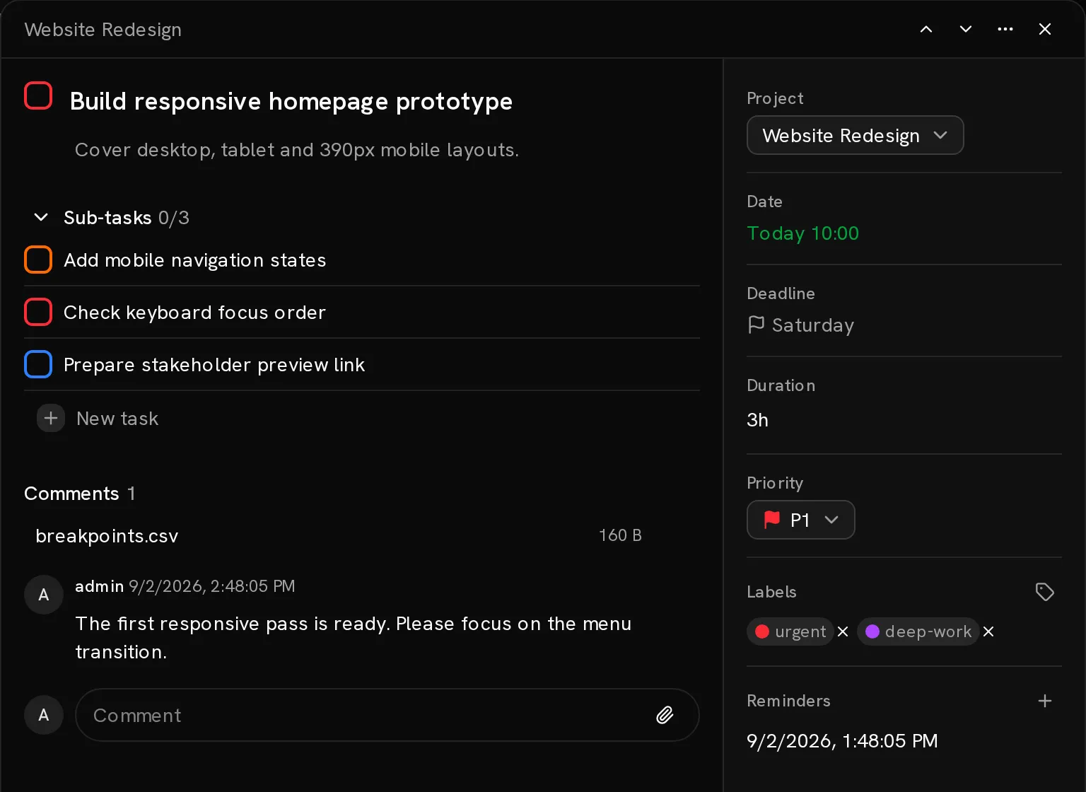 A Conatus task panel. The left side shows the title, description, three sub-tasks at 0/3, an attached breakpoints.csv at 160 B, and a comment from admin. The right rail shows Project, Date, Deadline, Duration, a P1 priority with a red flag, the labels urgent and deep-work, and a Reminders entry.