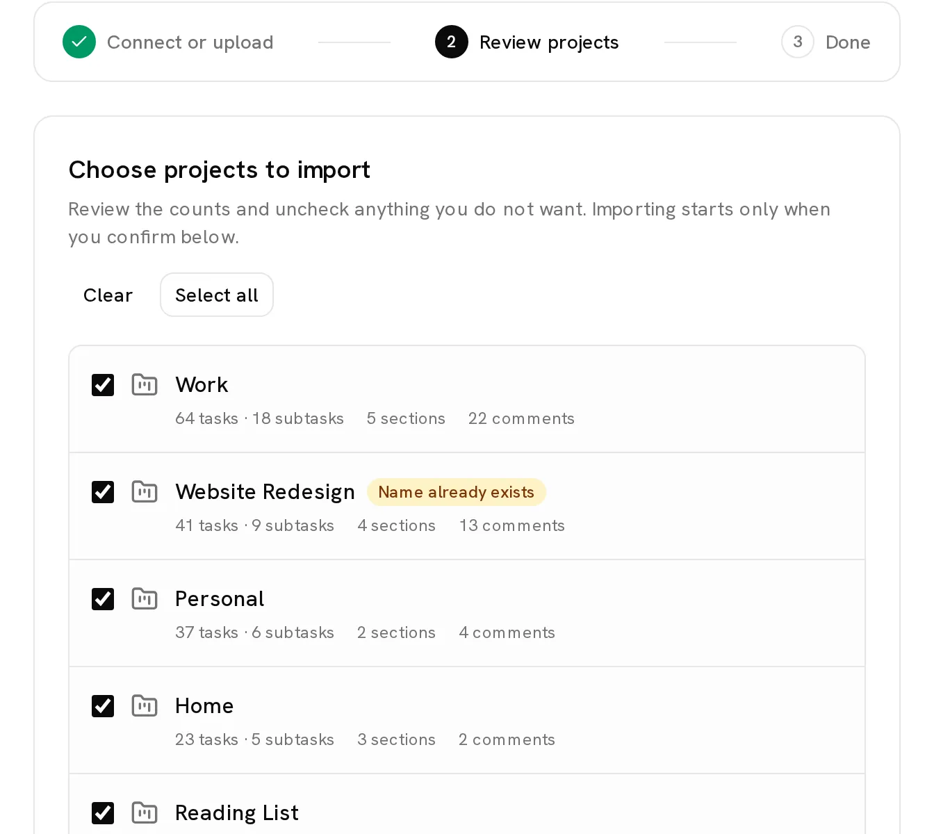 The Todoist import review step with project counts and a warning for a project with an existing name.