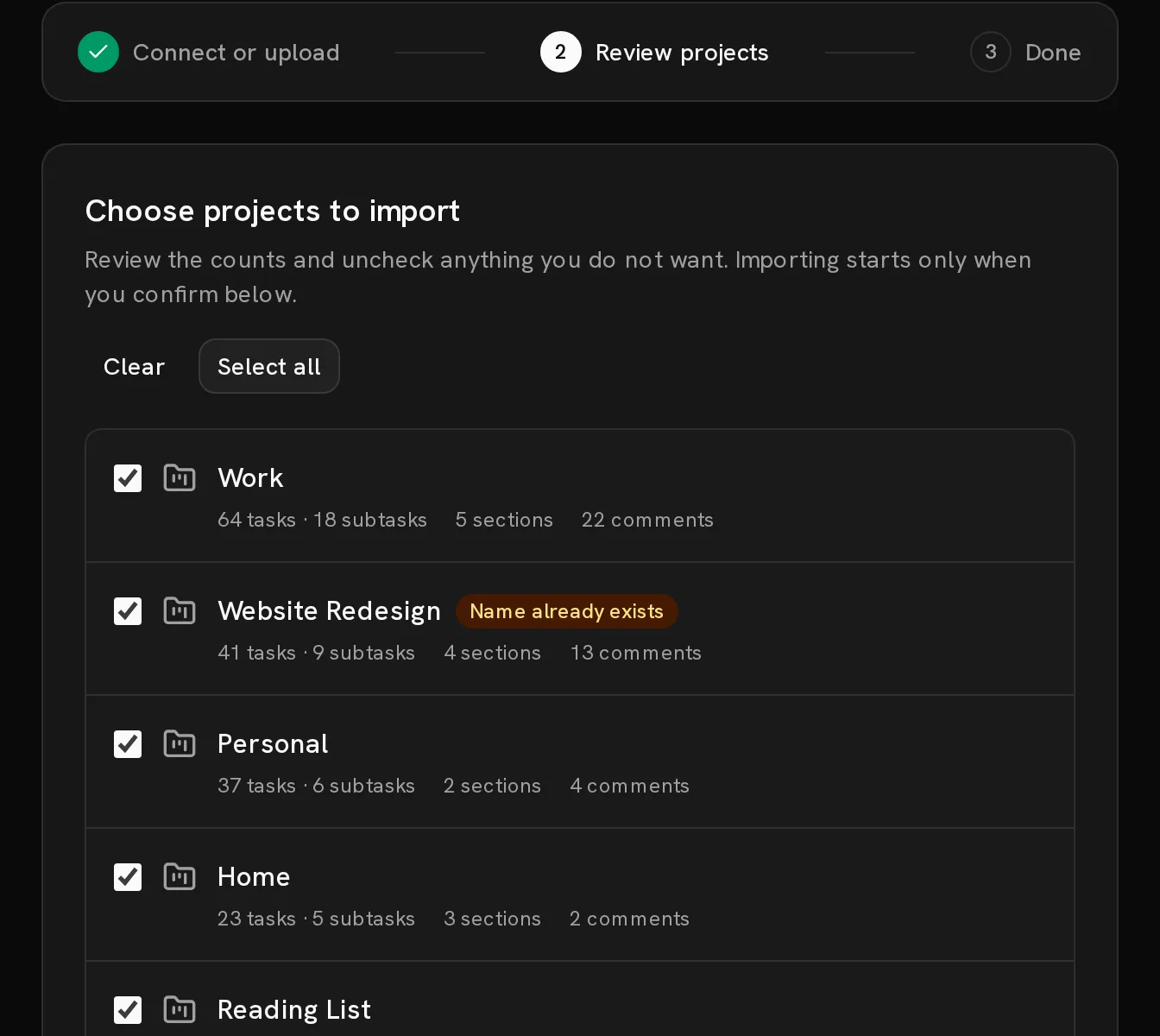 The Conatus Todoist importer on step 2 of 3, Review projects. Five projects are listed with checkboxes and counts. Work has 64 tasks, 18 subtasks, 5 sections and 22 comments; Website Redesign carries an amber 'Name already exists' badge.